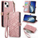 iPhone 15 Plus Geometric Zipper Wallet Side Buckle Leather Phone Case - Pink