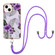 iPhone 15 Electroplating Pattern IMD TPU Shockproof Case with Neck Lanyard - Purple Flower