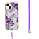 iPhone 15 Electroplating Pattern IMD TPU Shockproof Case with Neck Lanyard - Purple Flower