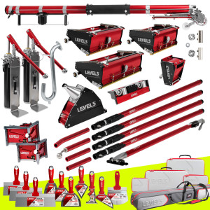 Automatic Taper, 7/10/12" Flat Boxes, 3/3.5" Corner Finishers, Angle Box, Nail Spotters, 2 Pumps, Roller, Ext. Handles