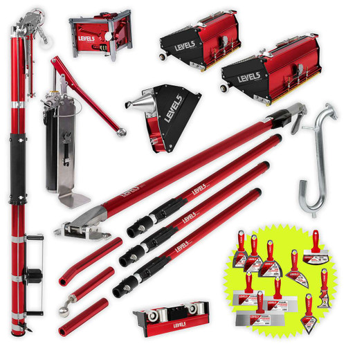LEVEL5 Taping Tool Set with MEGA flat finishing boxes, angle heads, extendable handles and an automatic taper for professional drywall finishing.