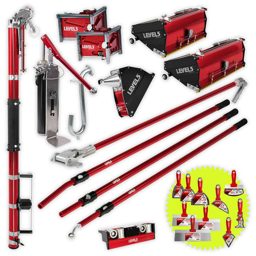 LEVEL5 Taping Tool Set includes MEGA flat finishing boxes, angle heads, standard handles and an automatic taper for professional drywall finishing.