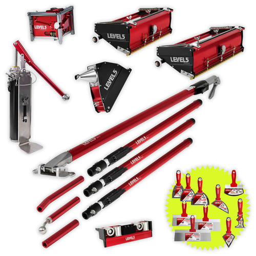 Drywall finishing set with compound pump, flat boxes and extendable handles.