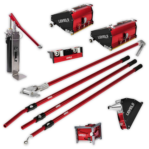 Drywall finishing set with compound pump, MEGA flat finishing boxes, compound applicator, roller and handles.
