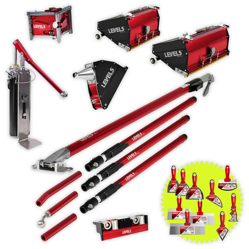 Drywall finishing set with compound pump, MEGA flat boxes, compound applicator, roller and extendable handles.