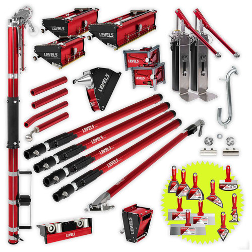 Large drywall tool set for taping and finishing. Includes automatic taper, flat boxes, corner finishers and extendable handles.