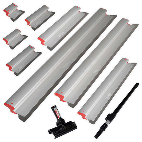 8-piece drywall skimming blade set with handle adapter and extendable handle