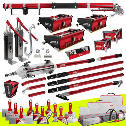 Automatic Taper, 7/10/12" Flat Boxes, 3/3.5" Corner Finishers, MiniShot, Nail Spotters, 2 Pumps, Roller, Ext. Handles