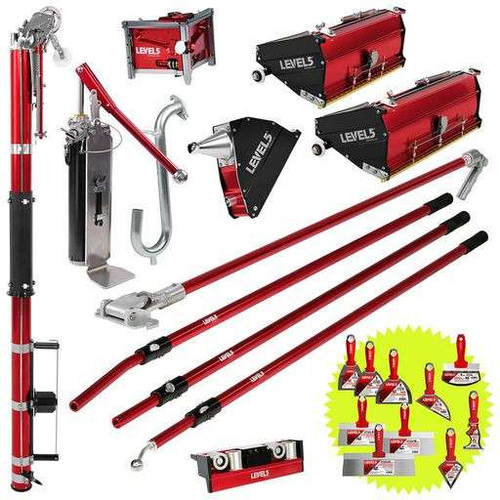 Drywall taping and finishing set with 10-inch and 12 inch MEGA drywall boxes with standard fixed length handle.