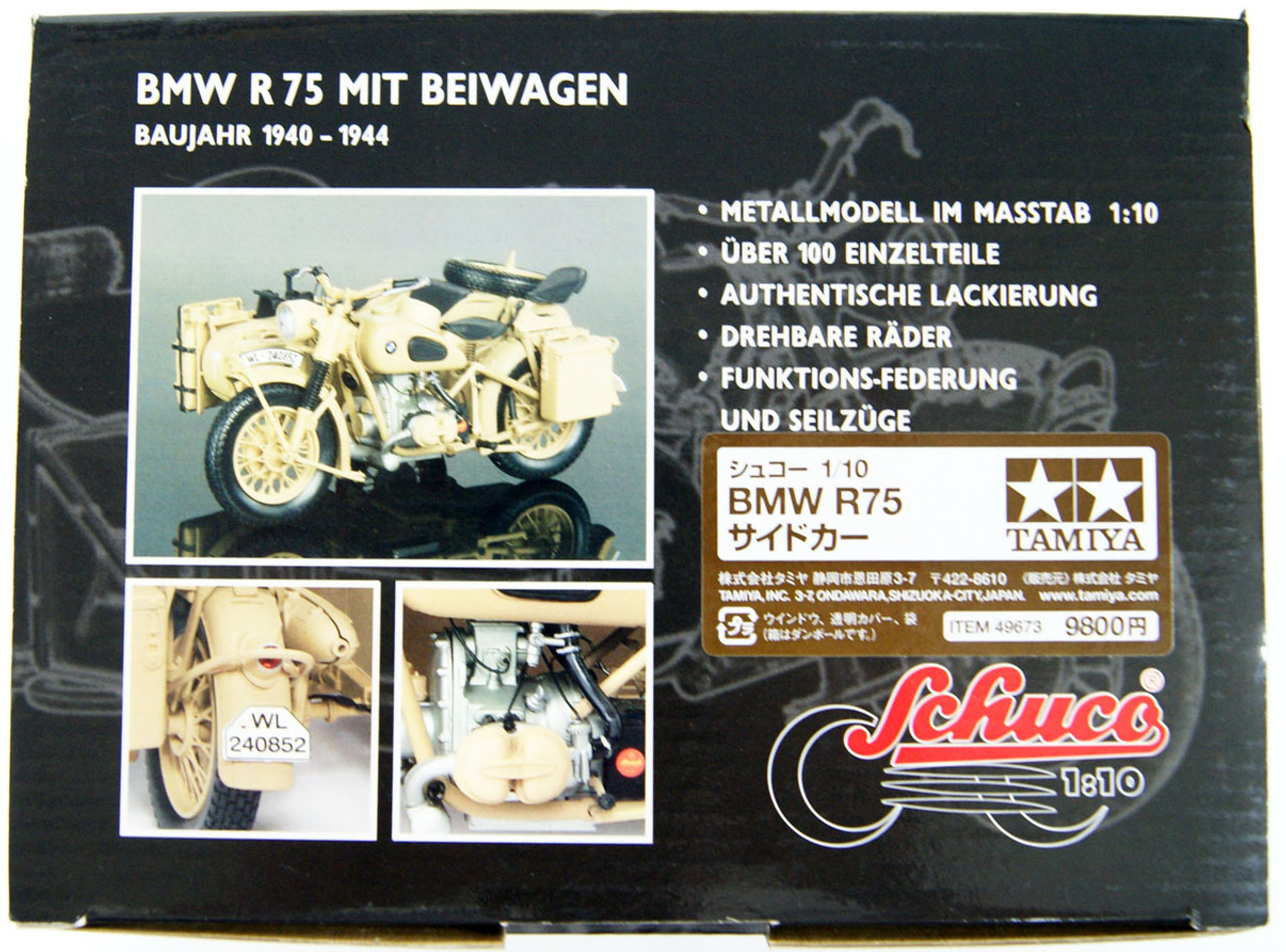 Tamiya 49673 Shuko German Army BMW R75 Sidecar Die-cast Model 1/10 Scale