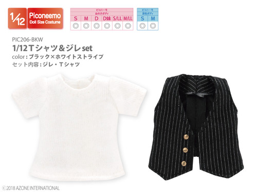 Azone PIC206-BKW 1/12 T-shirt & Gilet Set (Black x White Stripe)