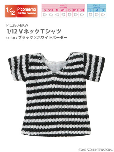 Azone PIC280-BKW 1/12 Piconeemo V-neck T-shirts (Black x White Border)