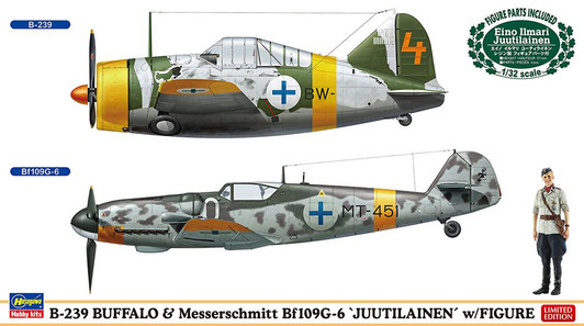 Hasegawa 1/48 B-239 Buffalo & Messerschmitt Bf109G-6 Juutilainen w/Figure Plastic Model