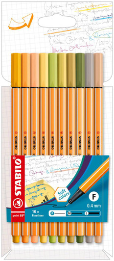  Stabilo Point 88 Fineliner Pen - 0.4 mm - 10 Color Set - Soft 