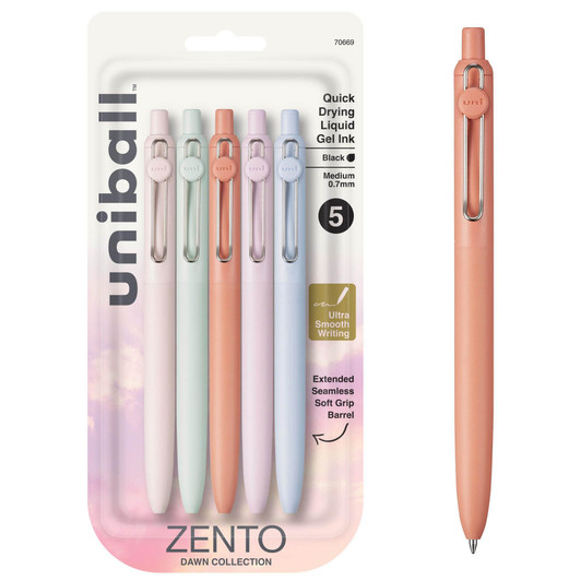 Uni Ball Zento Gel Ink Roller Ball Pen, 5 Black Medium Smooth Writing Pens, Colored Japanese Pen, Dawn Color