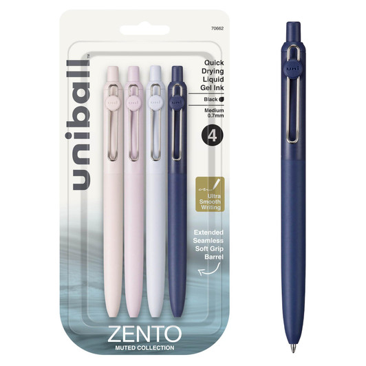 Uni-Ball Zento Gel Ink Rollerball Pen, 4-Pack Black Medium Smooth Writing Pens, Colored Japanese Pen, Subdued Colors
