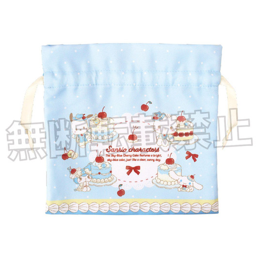 T's Factory Sanrio Ribbon Flat Drawstring Pouch Sky Blue Cherry Cake