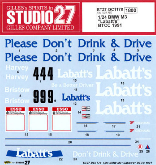 Studio27 ST27-DC1178 BMW M3 Labatt`s BTCC 1991 Decal for Aoshima 1/24