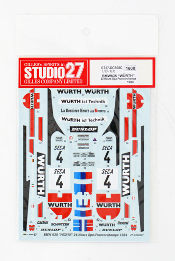 Studio27 ST27-DC698C BMW635 "WURTH" #4 24 Hrs. Spa 1984 Decal for Tamiya 1/24