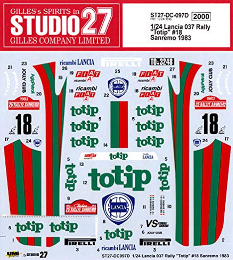 Studio27 ST27-DC097D Lancia 037 Rally `Totip` #18 Sanremo 1983 for Hasegawa 1/24 Scale Studio27 ST27-DC097D Lancia 037 Rally `Totip` #18 Sanremo 1983 for Hasegawa 1/24 Scale
