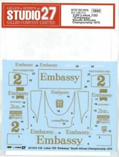 Studio27 ST27-DC1074 Lotus 72D Embassy SA Championship 1975 Decal for Ebbro 1/20
