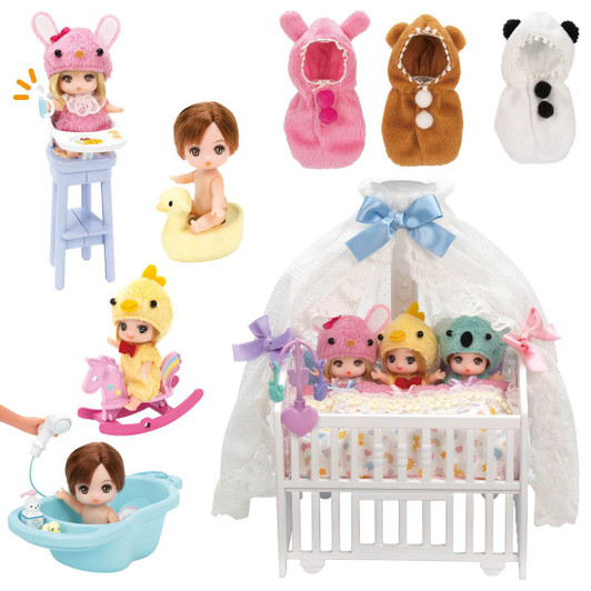 Takara Tomy Licca Doll Triplet Babies Pajamas + Baby Bed + Care Set