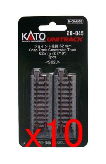 10x Kato 20-045 Snap-Track Conversion Track 62mm (2 7/16') S62J (2pcs.) (N scale)