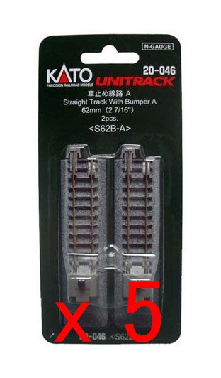 5x Kato 20-046 Straight Track With Bumper A 62mm (2 7/16') S62B-A (2pcs.) (N scale)