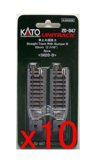 10x Kato 20-047 Straight Track With Bumper B 62mm (2 7/16') S62B-B (2pcs.) (N scale)