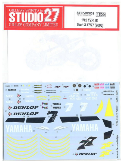 Studio27 1/12 Yamaha YZR M1 Tech3 #7/77 2006 Decal Studio27 1/12 Yamaha YZR M1 Tech3 #7/77 2006 Decal