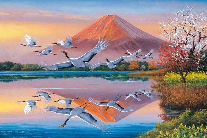 Jigsaw Puzzle The Reflection of Flying Cranes & Mount Fuji in Lake