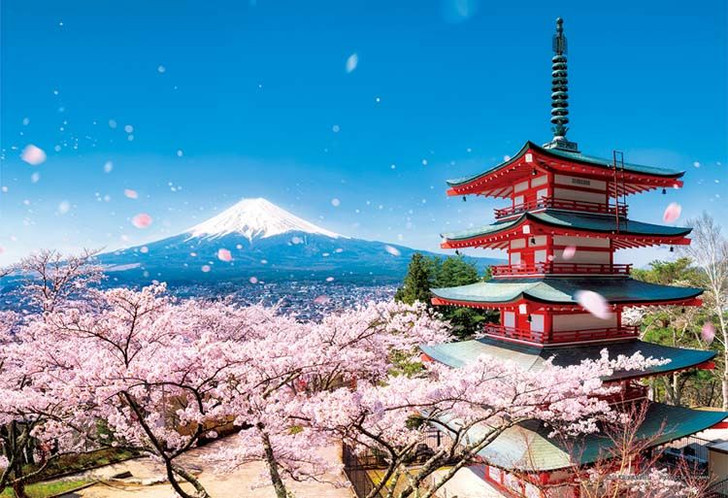 Yanoman 01-2092 Jigsaw Puzzle Mount Fuji and Dancing Cherry Blossom Petals at Five-storied Pagoda (Yamanashi) (108 Pieces)