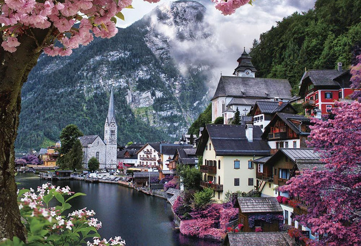 Jigsaw Puzzle Hallstatt Waterside Floral Scenery (1000 Pieces)
