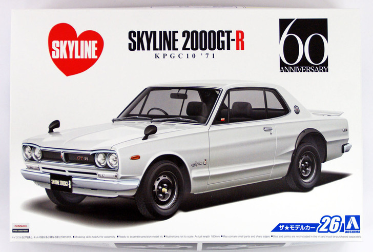 Aoshima 52327 The Model Car 26 NISSAN KPGC10 Skyline HT2000GT-R '71 1/24 Scale Kit (4905083052327)