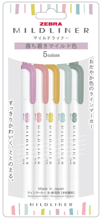  Zebra Mildliner Double-Sided Highlighter - Fine / Bold - 5 Calm Color Set 