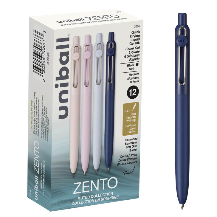 Uniball Zento Liquid Gel Ink Retractable Pen Medium Muted Barrel Black Ink 12 Pens