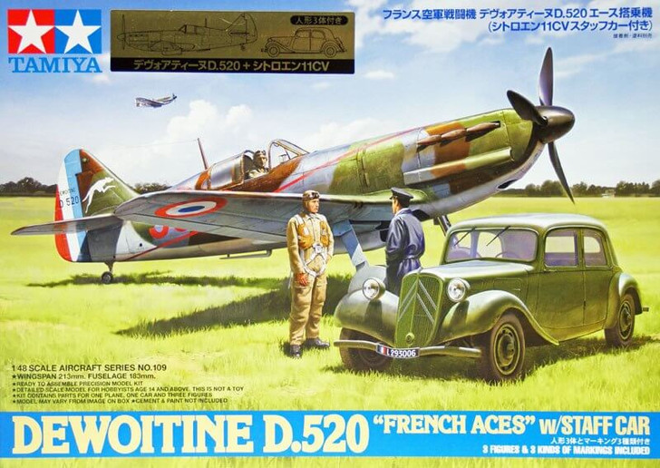 Tamiya 61109 Dewoitine D.520 French Aces with Staff Car 1/48 Scale Kit