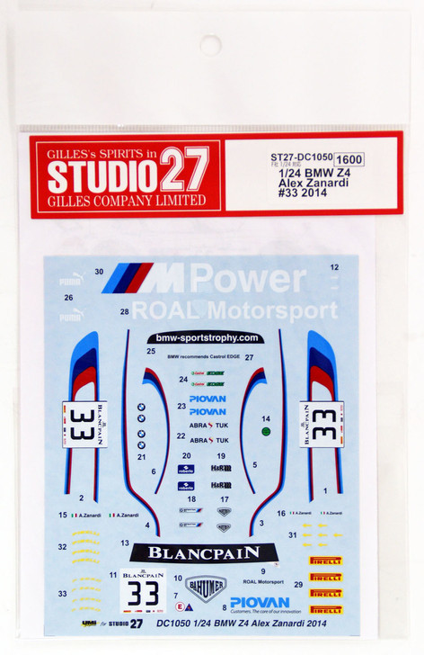 Studio27 ST27-DC1050 BMW Z4 Alex Zanardi #33 2014 Decal for Fujimi 1/24 (4545310009757)