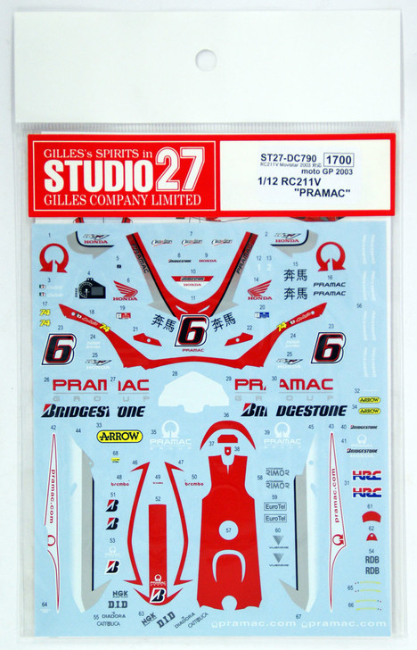 Studio27 ST27-DC790 RC211V Pramac #6 Moto GP 2003 Decal for Tamiya 1/12 (4545310407904)