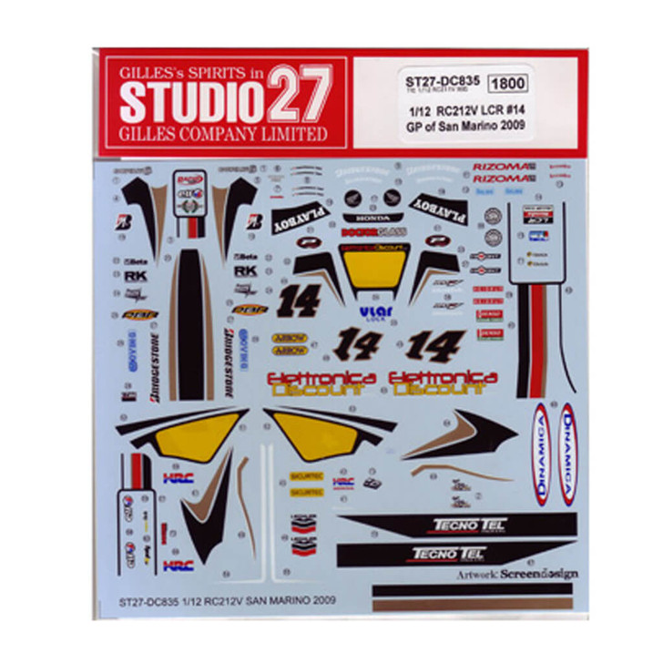 Studio27 ST27-DC835 RC212V LCR #14 San Marino 2009 Decal for Tamiya 1/12