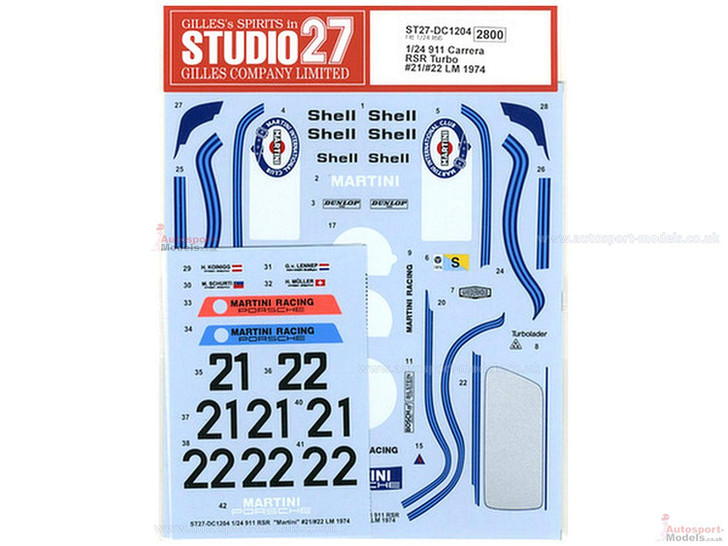 Studio27ST27-DC1204 Porsche 911 Carrera RSR Turbo #21/#22 LM 1974 Decal for Fujimi 1/24