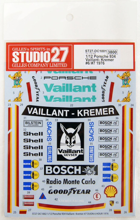 Studio27 ST27-DC1001 Porsche 934 Vaillant- Kremer #6 1976 Decal For Tamiya 1/12