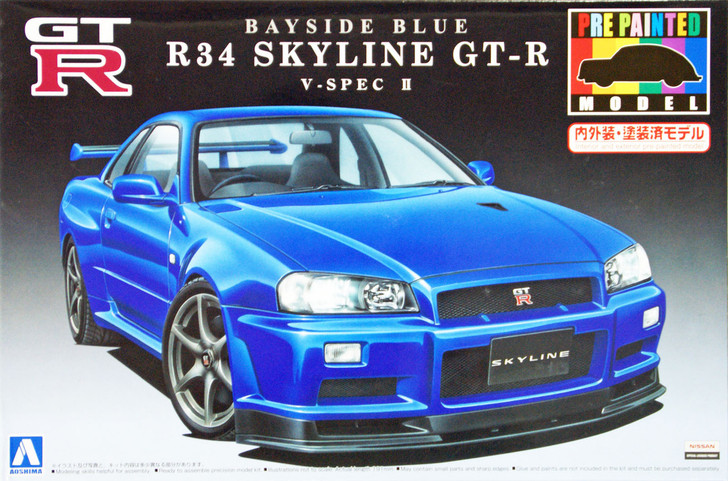 Aoshima 08591 Nissan R34 Skyline GT-R V-Spec II Bayside Blue Pre-Painted 1/24 Scale Kit