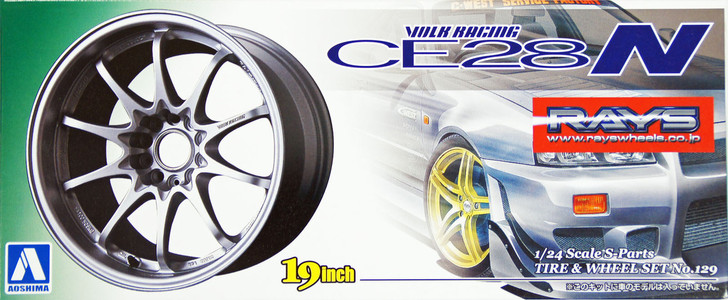 Aoshima 10020 Tire & Wheel Set No. 129 Volk Racing CE28N (Titanium Silver) 19 inch 1/24 Scale Kit (4905083010020)