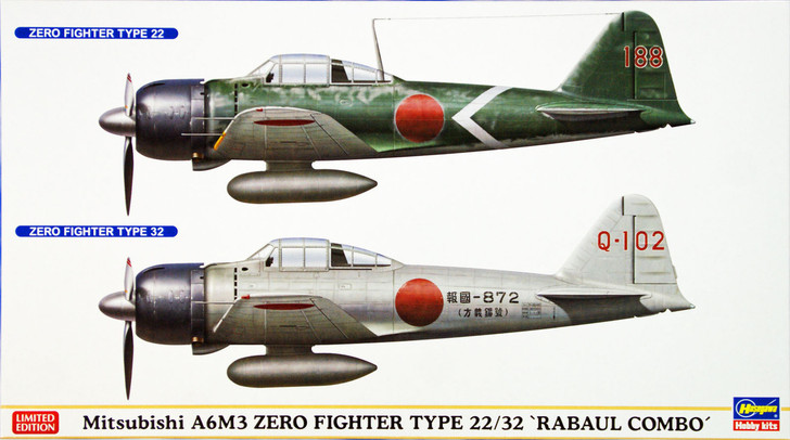 Hasegawa 02077 Mitsubishi A6M3 Zero Fighter Type 22/32 Rabaul Combo (2 plane set) 1/72 Scale Kit (4967834020771)