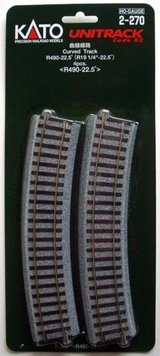 Kato 2-270 490mm (19 1/4') Radius 22.5・ｾ・・ｽｺ Curve Track R490-22.5 (4 pcs) (HO scale)