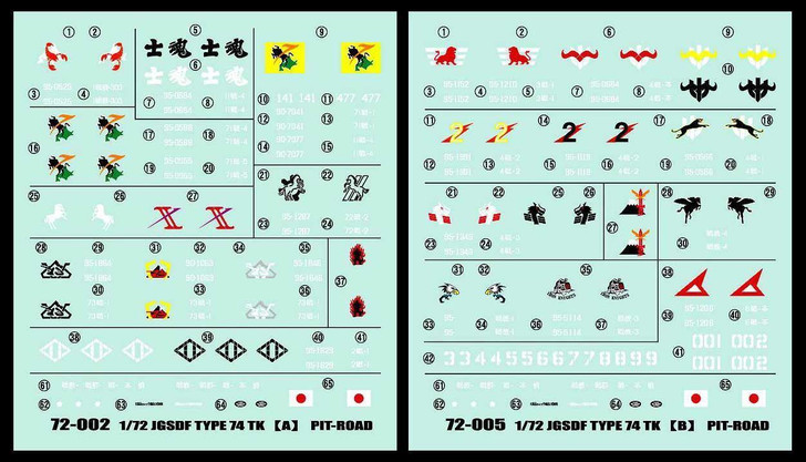 Pit-Road Skywave DP-08 JGSDF Type 74 Tank Decal Sheet for 1/72 Scale Kit (4986470044958)