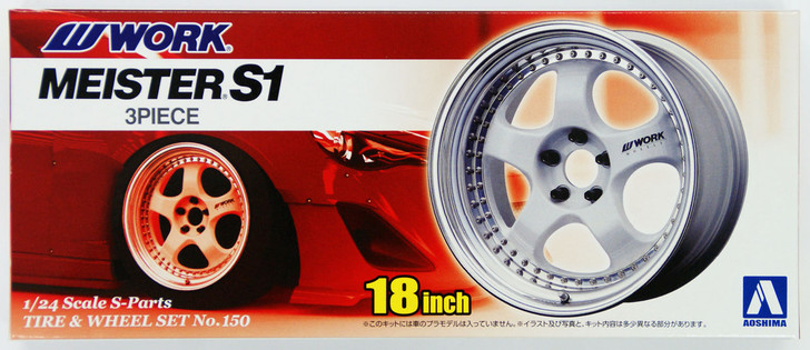 Aoshima 09130 Tire & Wheel Set No.150 WORK MEISTER S1 3Piece 18 inch 1/24 Scale Kit (4905083009130)