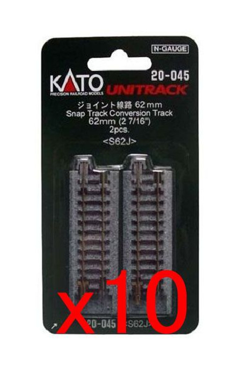 10x Kato 20-045 Snap-Track Conversion Track 62mm (2 7/16') S62J (2pcs.) (N scale)