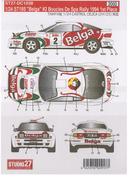Studio27 1/24 Celica GT-FOUR ST185 Belga No.2 Boucles De Spa Rally 1994 1st Place Decal